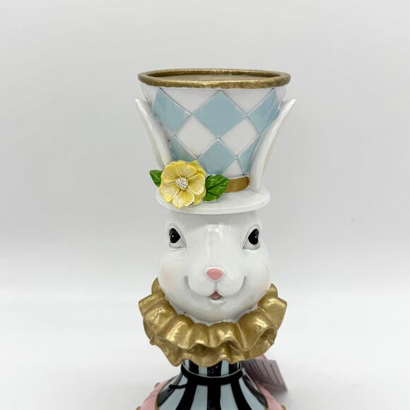 Set of 2 Tophat & Tail Blue Easter Bunny Mad Hatter Pedestal Candle Holder NEW - Picture 8 of 8